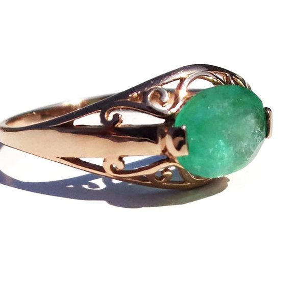 Vintage Russian 14K Rose Gold Natural Emerald Gemstone Ring Sz 7.5, 1.15ct - Picture 2 of 7